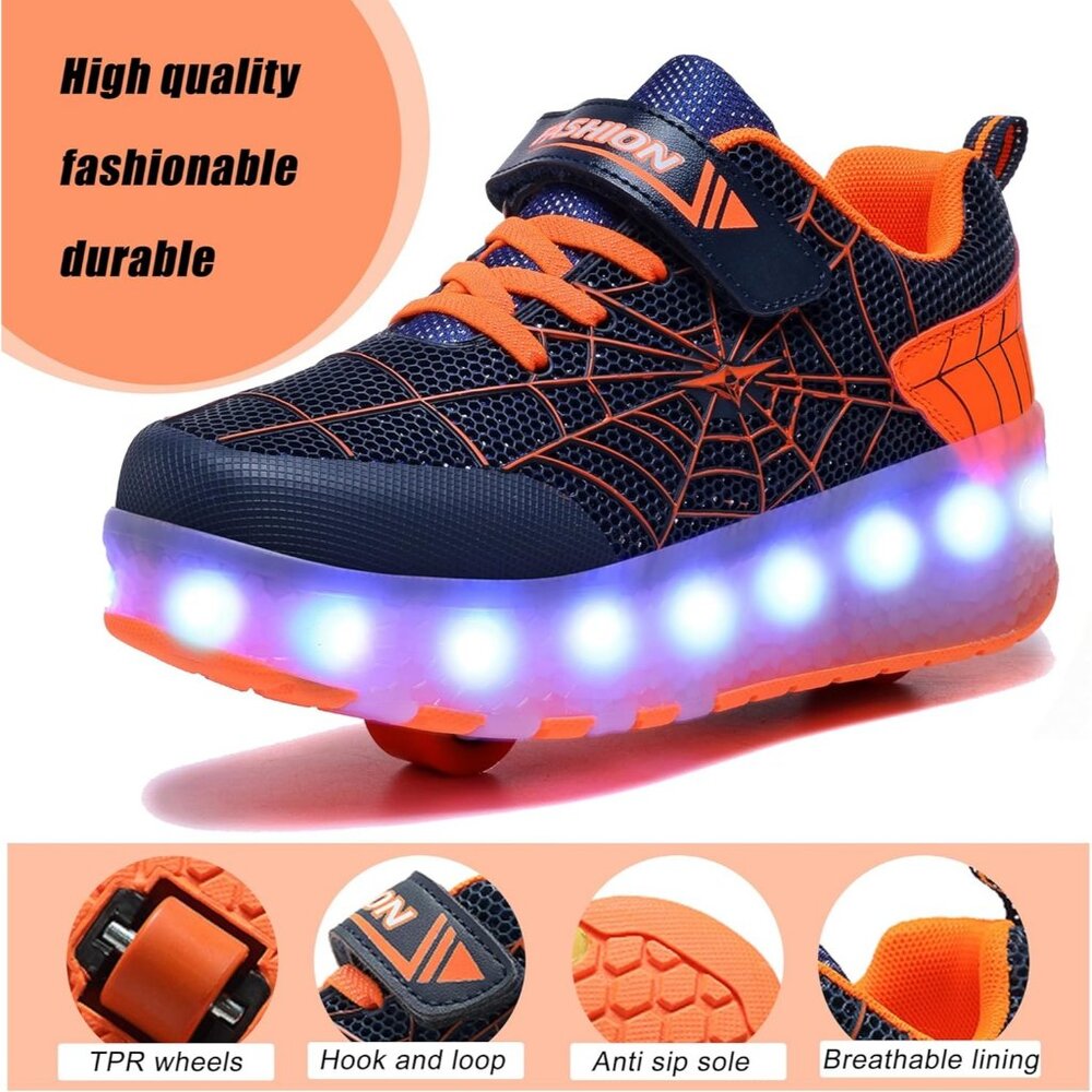 Kid's Girls Orange USB Chargable LED Lighting Roller Wheeled Skate Sneaker Shoes - Picture 4 of 6